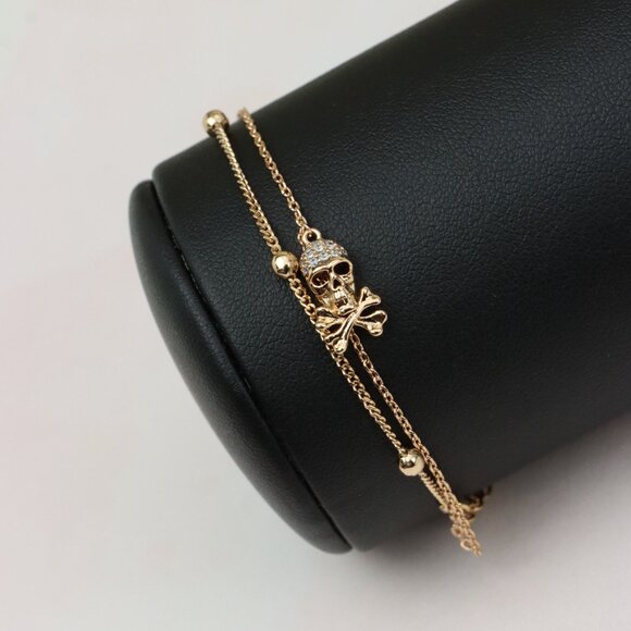 Rose Gold Double Layer Skull Bracelet with Crystal Accents, XPBL0674 - Picture 7 of 12